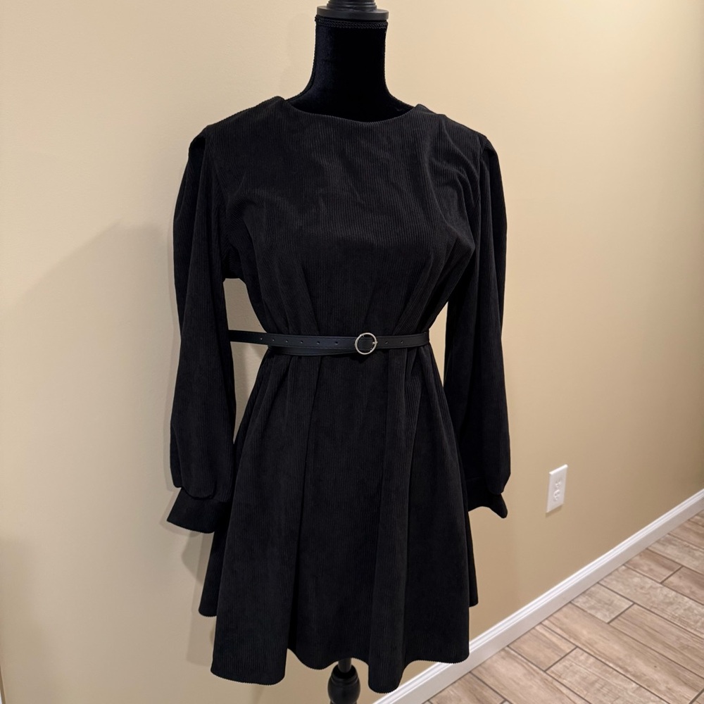 Midi Dress Fit And Flare Dress Long Sleeve A-Line Mini Dress Corduroy Crew Neck